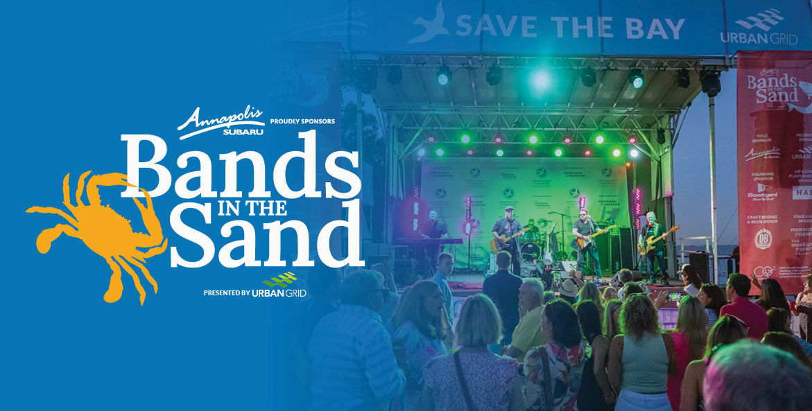 Band on stage with a crab image overlay to the left and text Bands in the Sand.