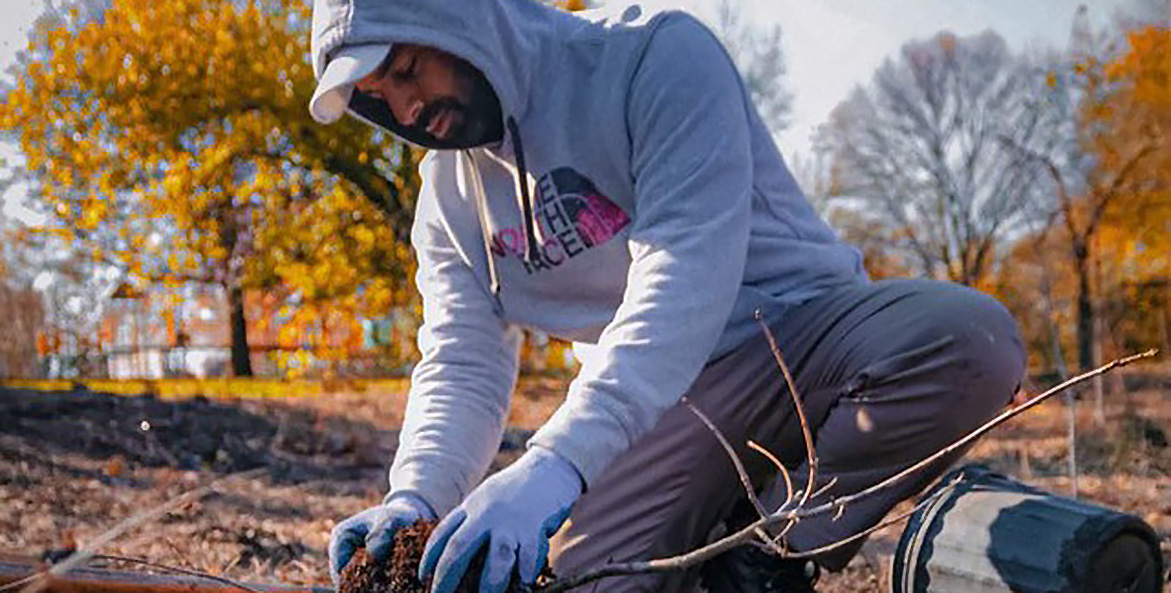 A man in a gray North Face hoody crouches on the ground planting a root ball of a tree seedling.