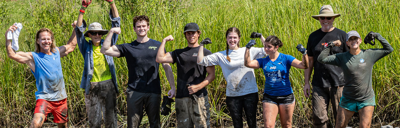 A line of volunteers flexes their arms to show their muscles.