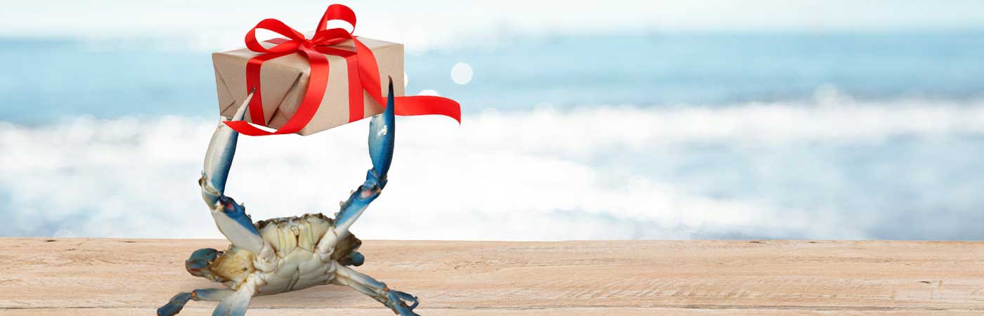 A crab sits on the beach, holding up a wrapped gift.